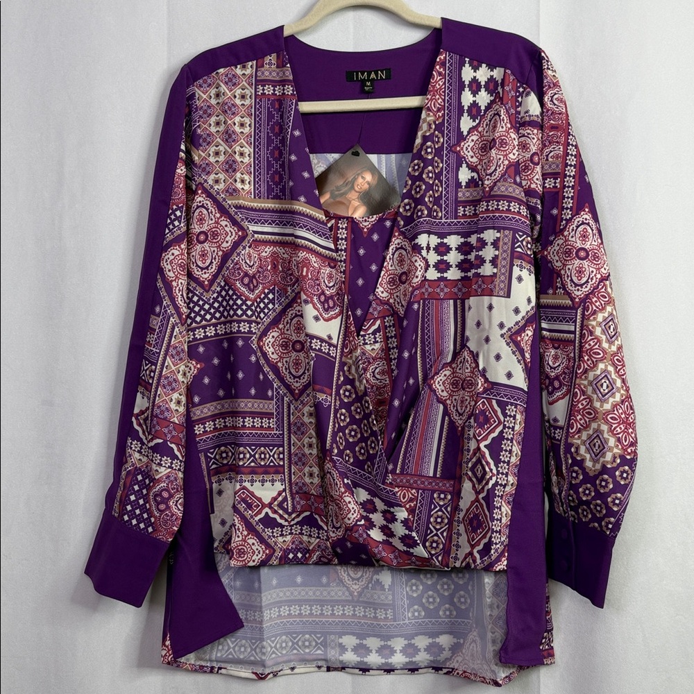 IMAN Geometric Paisley Purple Draped Women's Blouse